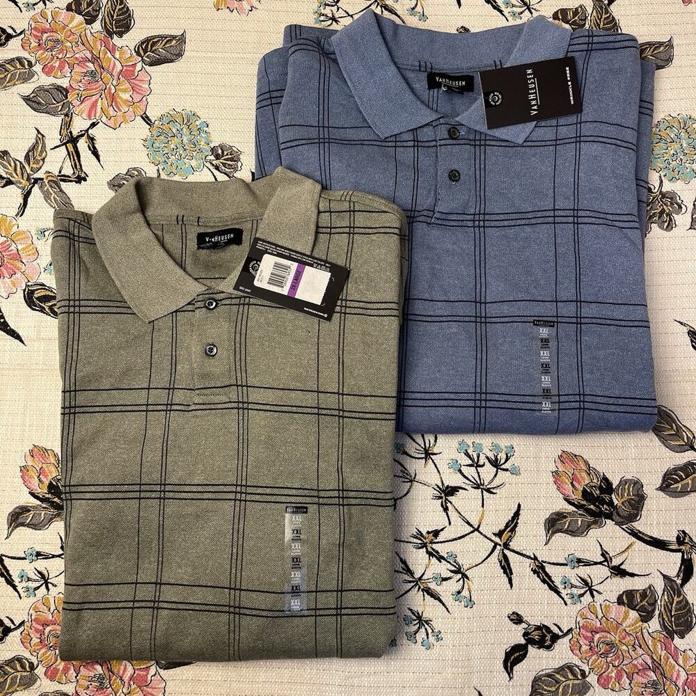 LOT OF 2 Van Heusen Men's Polo Shirt XXL Windowpane Wrinkle Free Long Sleeve NWT